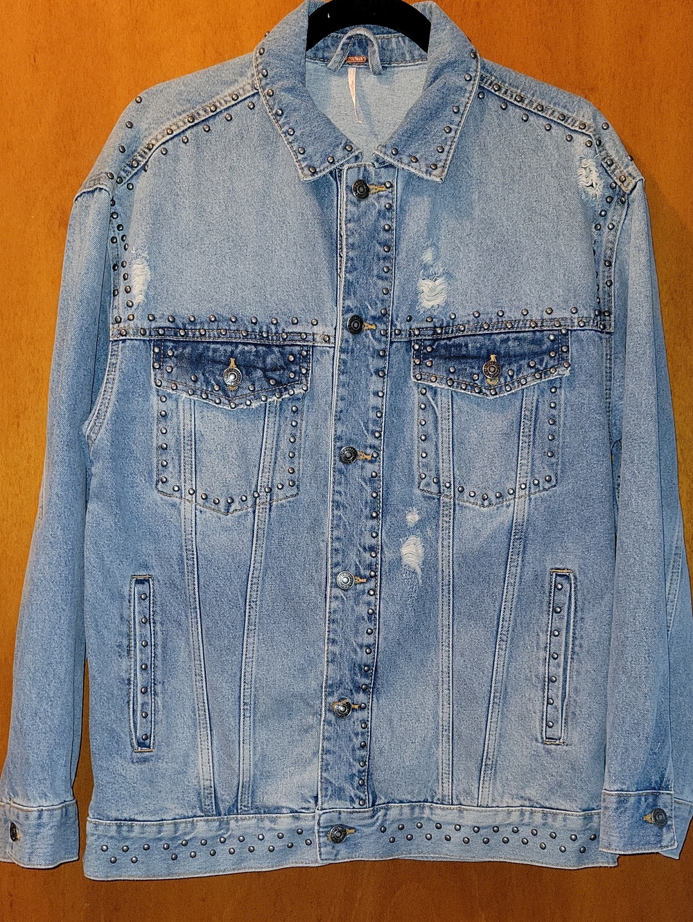 Free People Light Blue Studded Oversized Denim Jacket